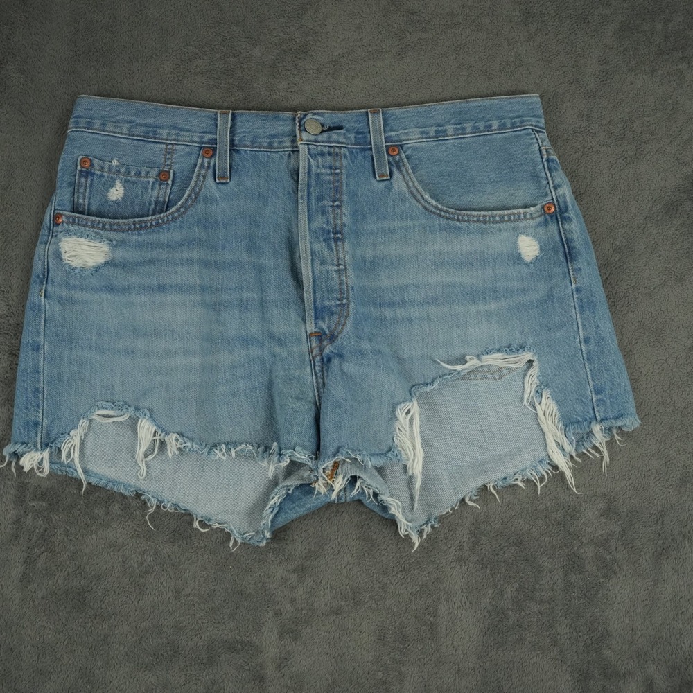 Levi's 501 Button Fly Cut Off Shorts Women 35" Waist Light Blue Distressed Denim